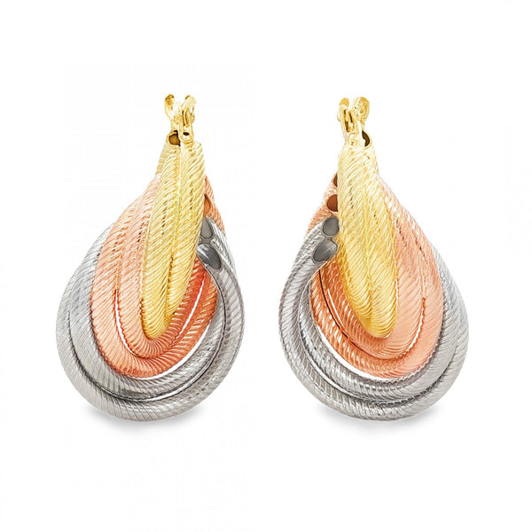 9ct Multi-Tone Gold Oval Rope-Tube Hoop Earrings - 18x30x18mm
