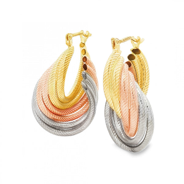 9ct Multi-Tone Gold Oval Rope-Tube Hoop Earrings - 18x30x18mm