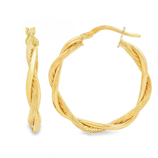 9ct Yellow Gold Patterned Twist Hoop Earrings - 3x27x26mm - 1.3g