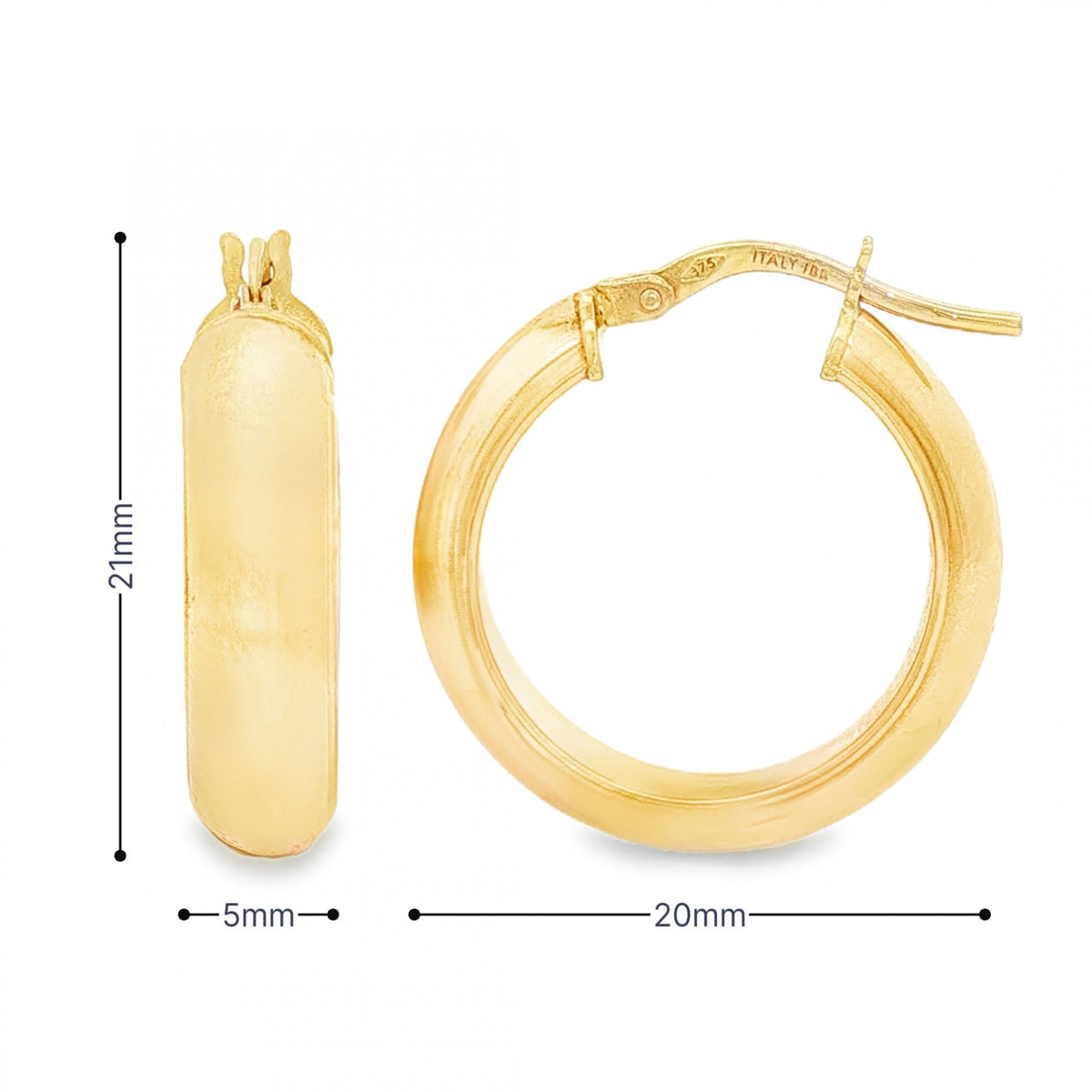 9ct Yellow Gold D-Shape Hoop Earrings - 5x21x20mm - 1.9g