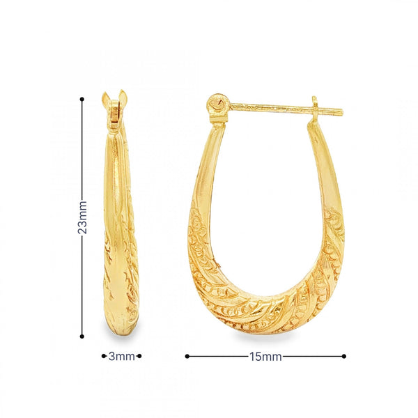 9ct Yellow Gold Graduated Patterned Oval Hoops - 3x23x15mm -1.5g
