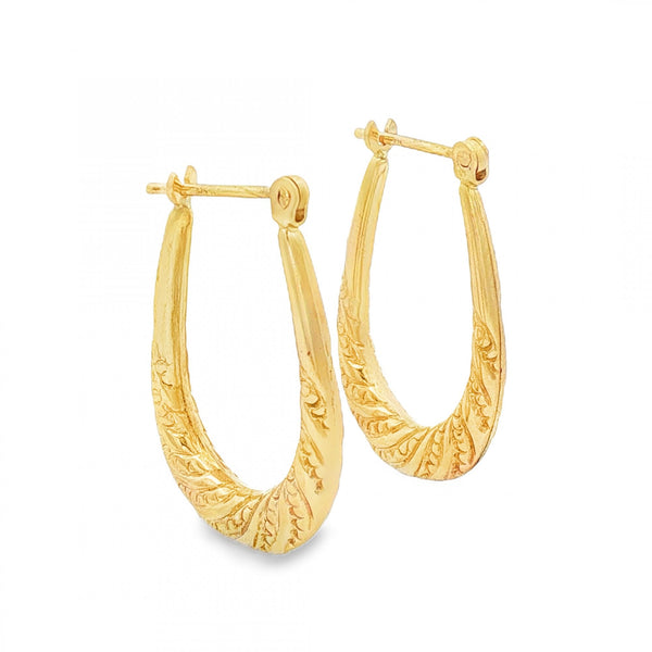 9ct Yellow Gold Graduated Patterned Oval Hoops - 3x23x15mm -1.5g