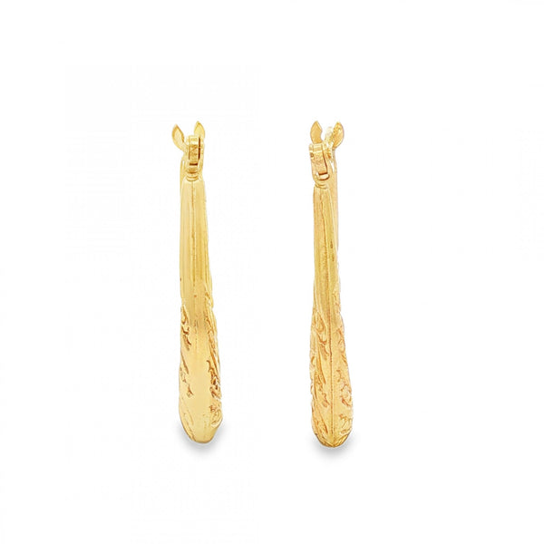 9ct Yellow Gold Graduated Patterned Oval Hoops - 3x23x15mm -1.5g