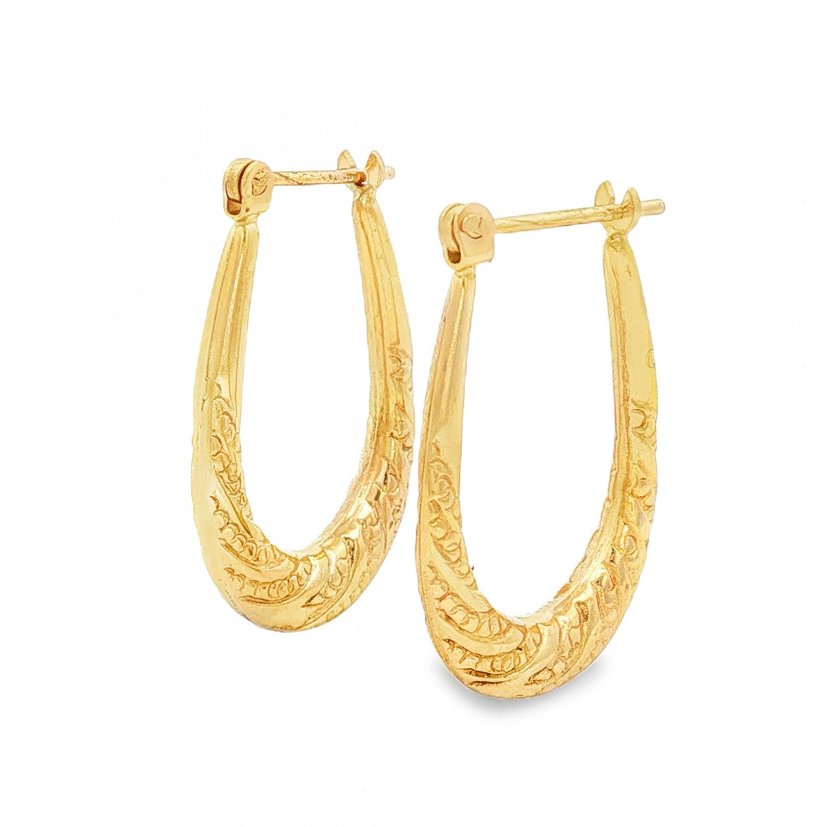 9ct Yellow Gold Graduated Patterned Oval Hoops - 3x23x15mm -1.5g