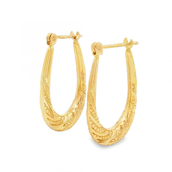9ct Yellow Gold Graduated Patterned Oval Hoops - 3x23x15mm -1.5g