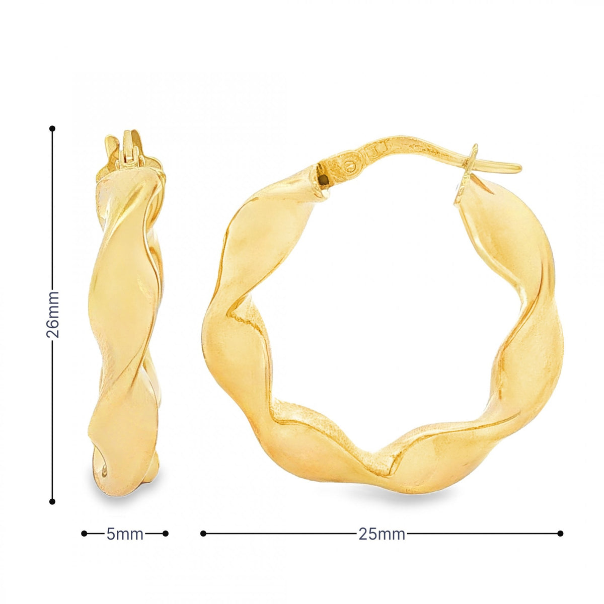 9ct Yellow Gold Round Twist Hoop Earrings - 5x26x25mm - 2.5g
