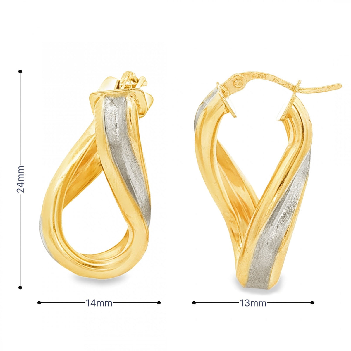 9ct Yellow Gold Twist Inlay Hoop Earrings - 14x24x13mm - 3.0g