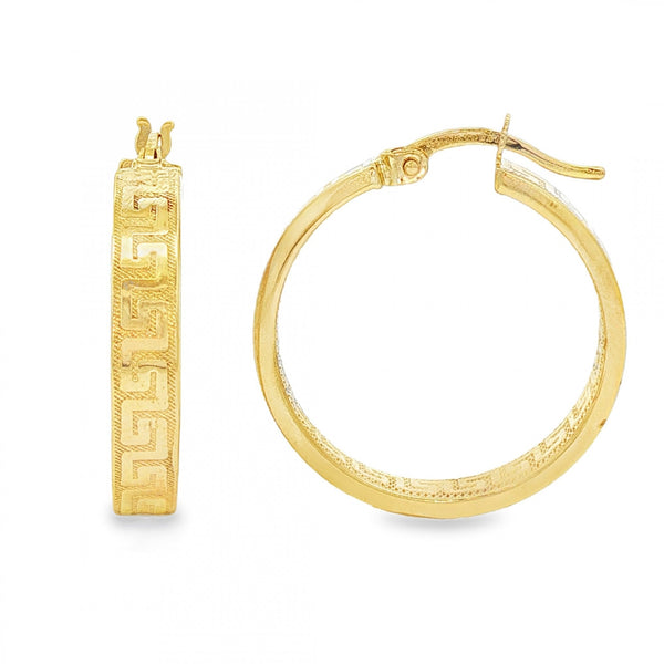 9ct Yellow Gold Greek Key Hoop Earrings - 4x23x22mm - 1.9g