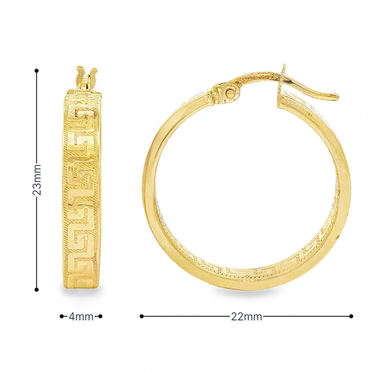 9ct Yellow Gold Greek Key Hoop Earrings - 4x23x22mm - 1.9g