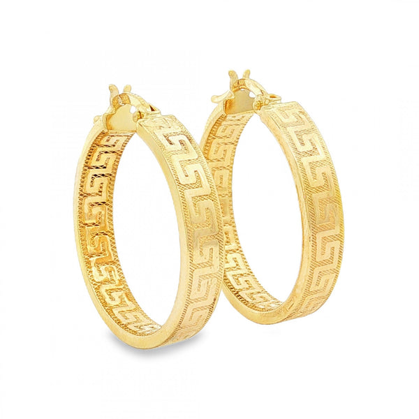9ct Yellow Gold Greek Key Hoop Earrings - 4x23x22mm - 1.9g