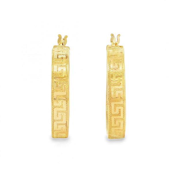 9ct Yellow Gold Greek Key Hoop Earrings - 4x23x22mm - 1.9g