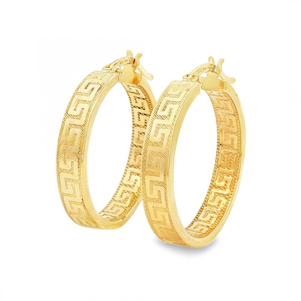 9ct Yellow Gold Greek Key Hoop Earrings - 4x23x22mm - 1.9g