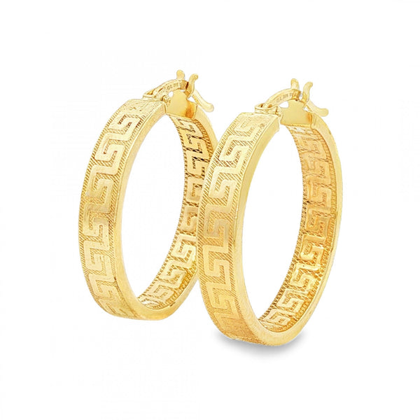 9ct Yellow Gold Greek Key Hoop Earrings - 4x23x22mm - 1.9g
