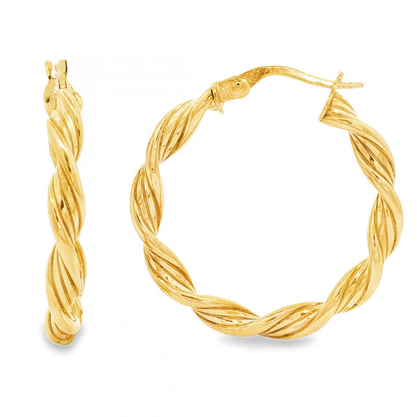 9ct Yellow Gold Twist Ribbon Hoop Earrings - 3.5x27x26mm - 1.4g