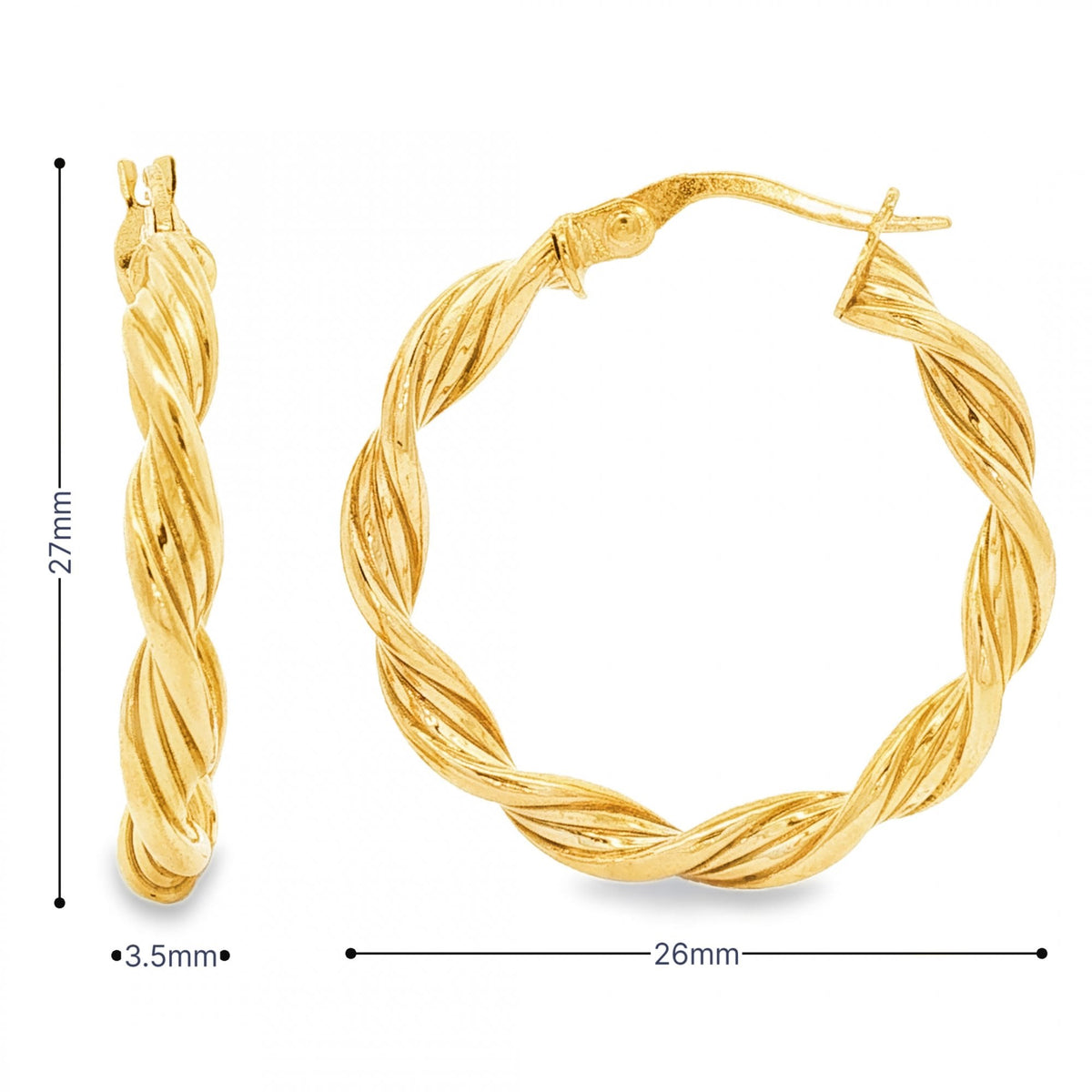 9ct Yellow Gold Twist Ribbon Hoop Earrings - 3.5x27x26mm - 1.4g