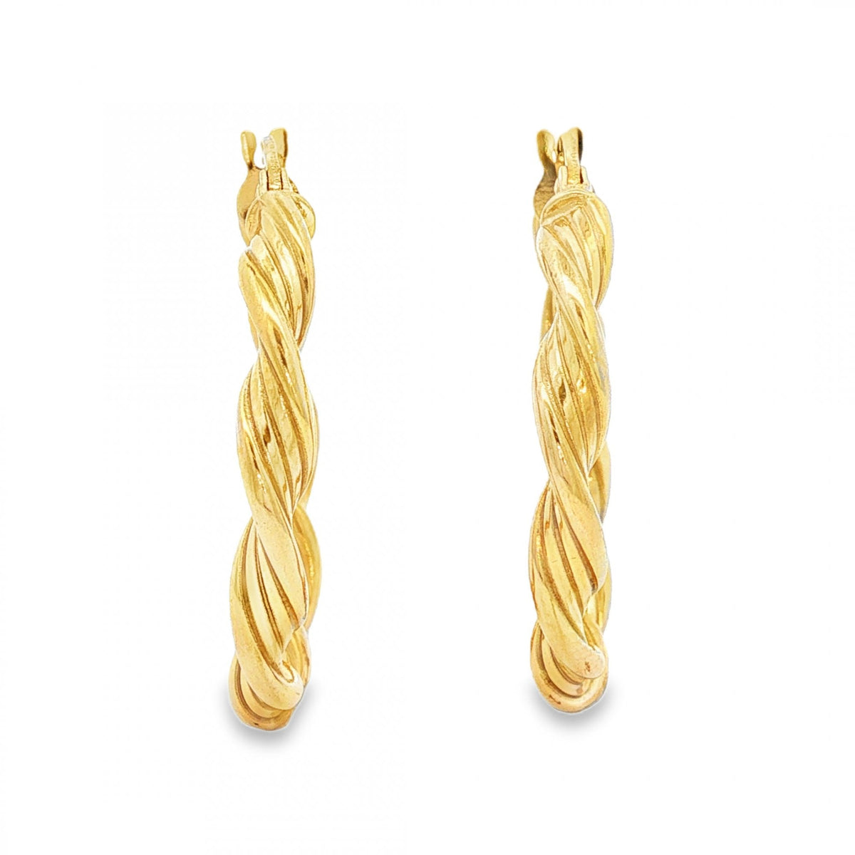 9ct Yellow Gold Twist Ribbon Hoop Earrings - 3.5x27x26mm - 1.4g