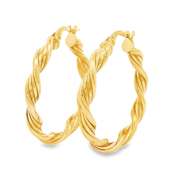 9ct Yellow Gold Twist Ribbon Hoop Earrings - 3.5x27x26mm - 1.4g
