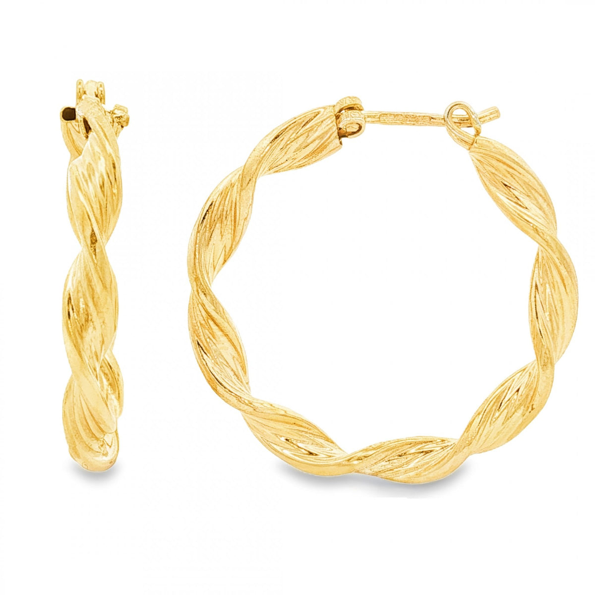 9ct Yellow Gold Twist Ribbon Hoop Earrings - 3.5x26x27mm - 2.3g