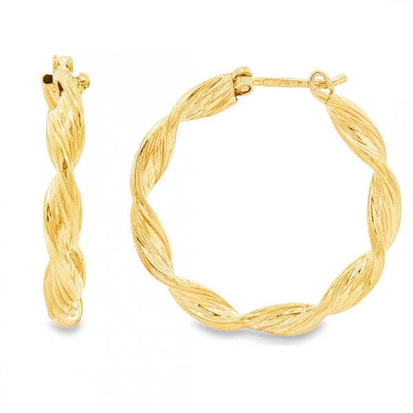 9ct Yellow Gold Twist Ribbon Hoop Earrings - 3.5x26x27mm - 2.3g
