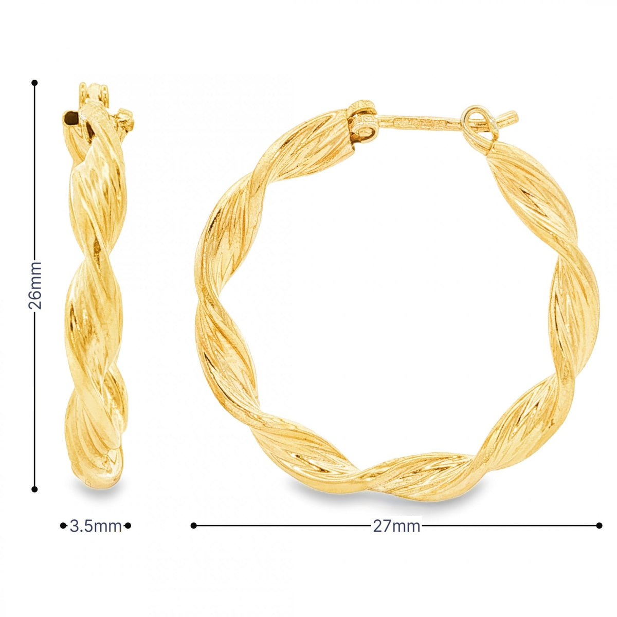 9ct Yellow Gold Twist Ribbon Hoop Earrings - 3.5x26x27mm - 2.3g