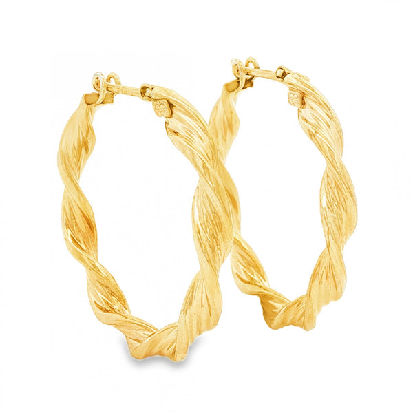 9ct Yellow Gold Twist Ribbon Hoop Earrings - 3.5x26x27mm - 2.3g