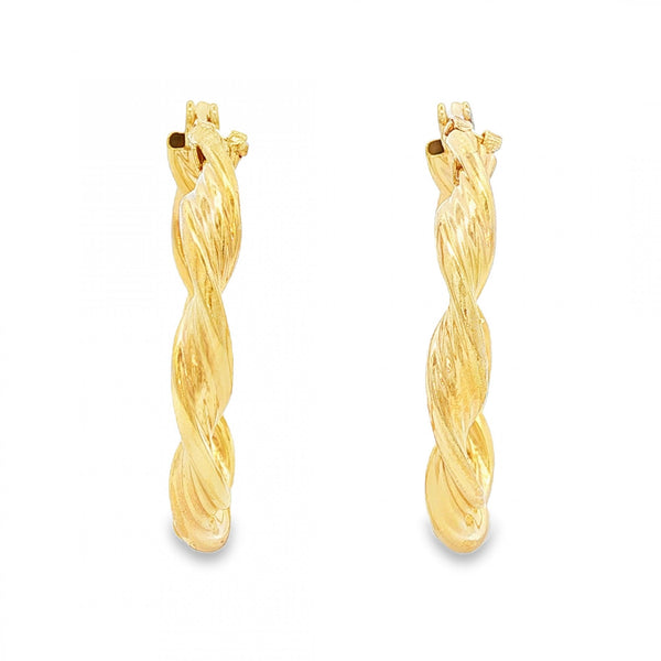 9ct Yellow Gold Twist Ribbon Hoop Earrings - 3.5x26x27mm - 2.3g