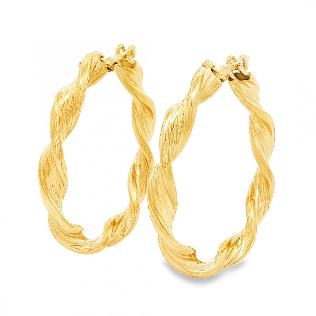 9ct Yellow Gold Twist Ribbon Hoop Earrings - 3.5x26x27mm - 2.3g