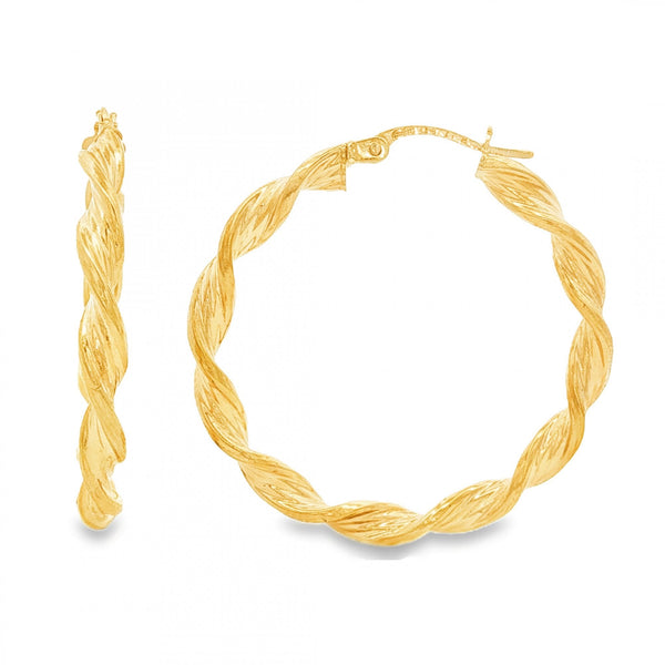 9ct Yellow Gold Twist Ribbon Hoop Earrings - 3.5x32x32mm - 1.7g