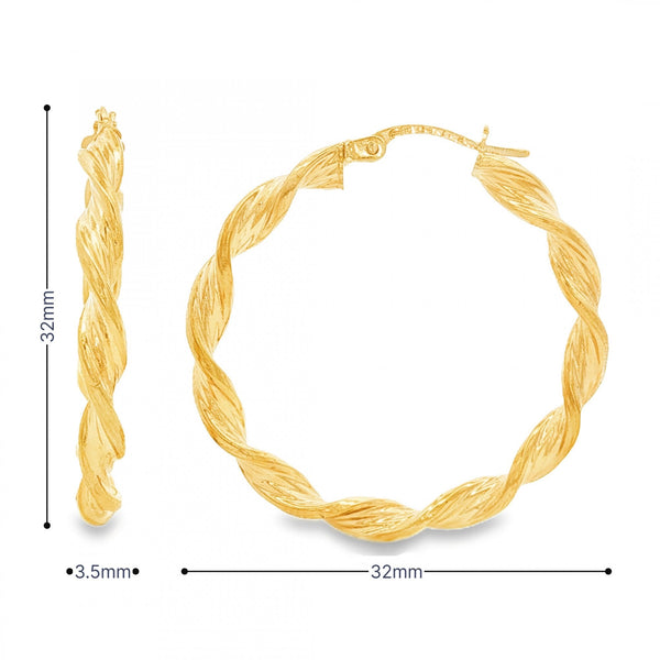 9ct Yellow Gold Twist Ribbon Hoop Earrings - 3.5x32x32mm - 1.7g