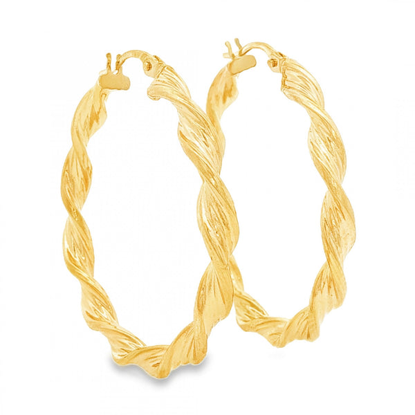 9ct Yellow Gold Twist Ribbon Hoop Earrings - 3.5x32x32mm - 1.7g
