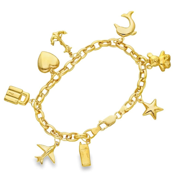 9ct Yellow Gold Hollow 8-Charm Bracelet - 7.5" - 9.8g