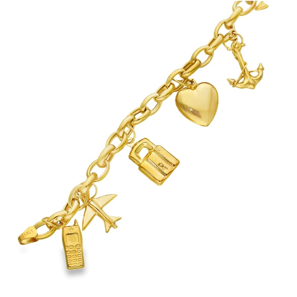 9ct Yellow Gold Hollow 8-Charm Bracelet - 7.5" - 9.8g
