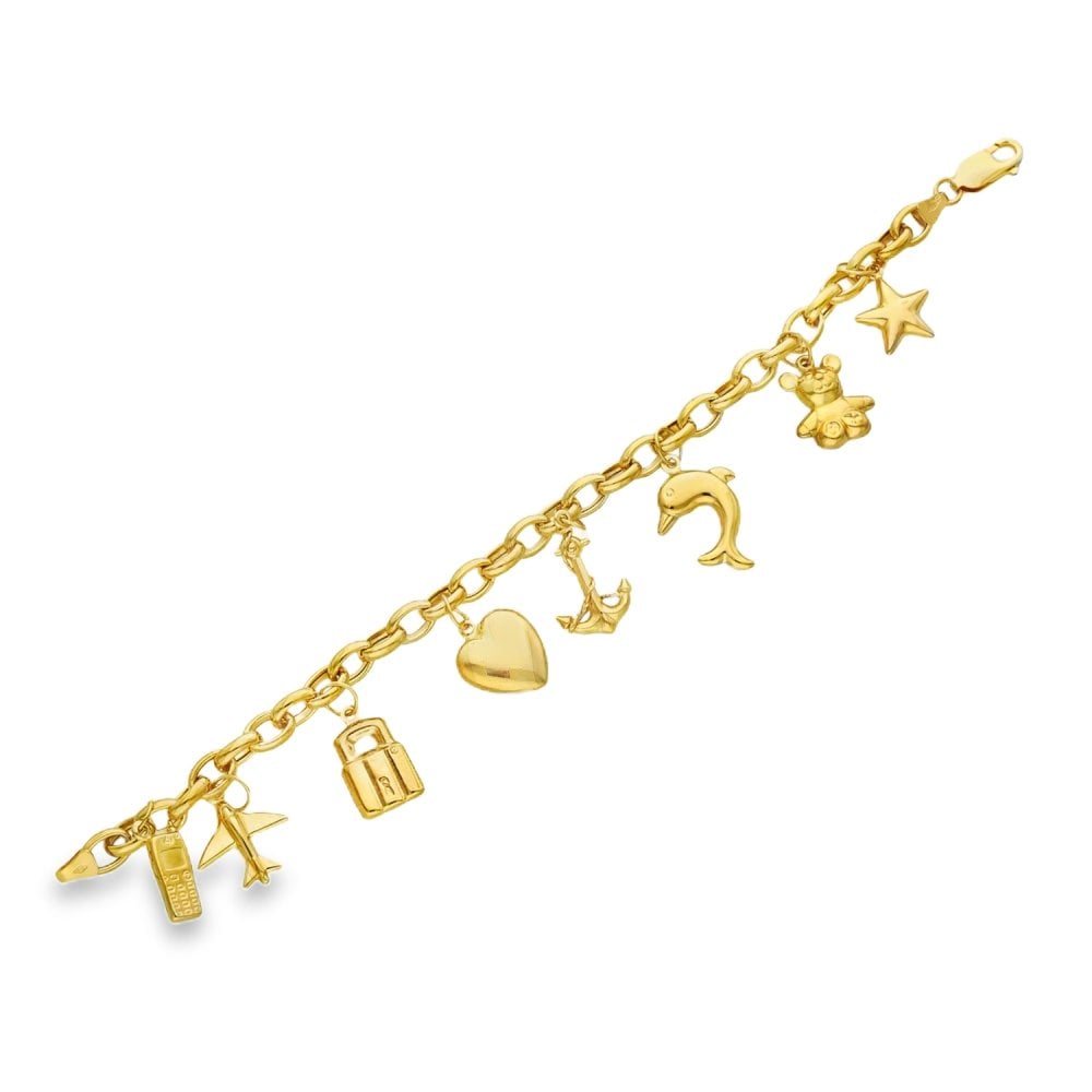 9ct Yellow Gold Hollow 8-Charm Bracelet - 7.5" - 9.8g