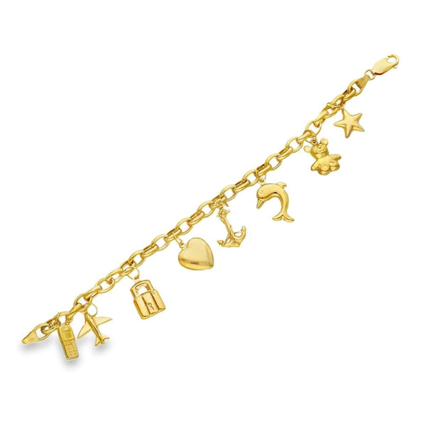 9ct Yellow Gold Hollow 8-Charm Bracelet - 7.5" - 9.8g