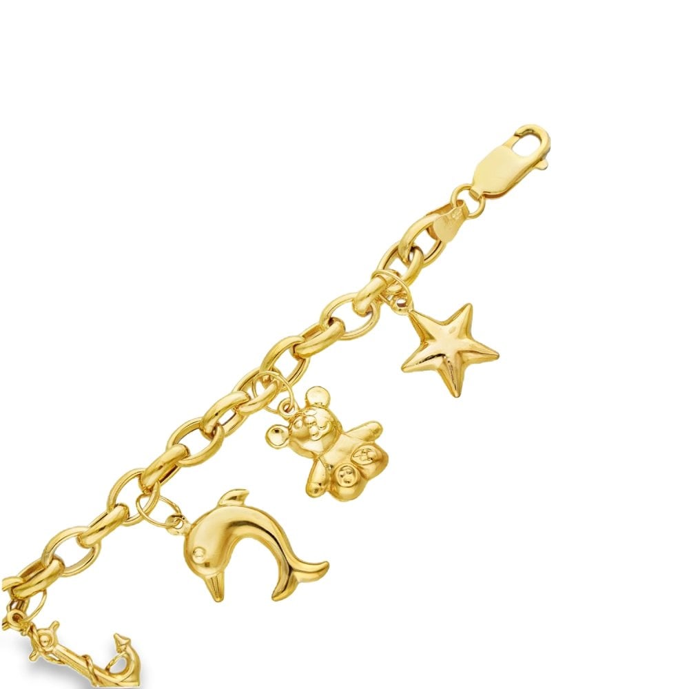 9ct Yellow Gold Hollow 8-Charm Bracelet - 7.5" - 9.8g