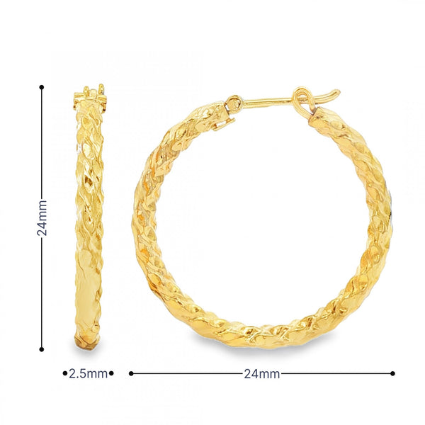 9ct Yellow Gold Twist Hoop Earrings - 2.5x24x24mm - 1.9g