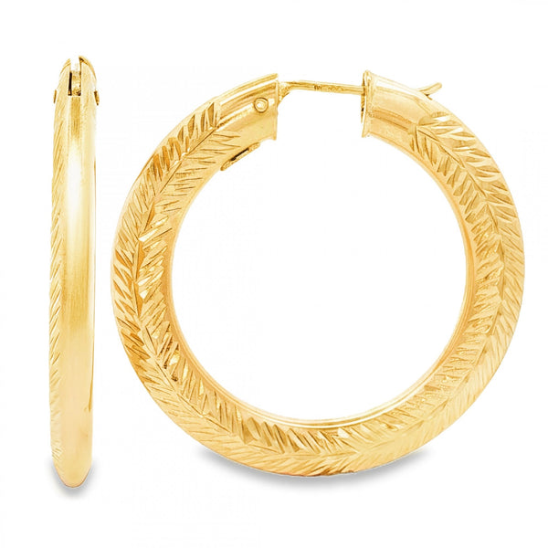 9ct Yellow Gold Leaf-Engraved Hoop Earrings - 3.5x39x39mm - 7.5g