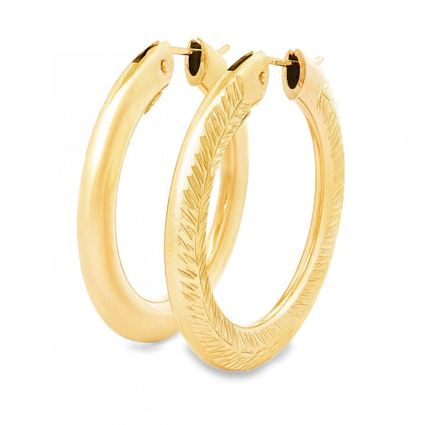 9ct Yellow Gold Leaf-Engraved Hoop Earrings - 3.5x39x39mm - 7.5g