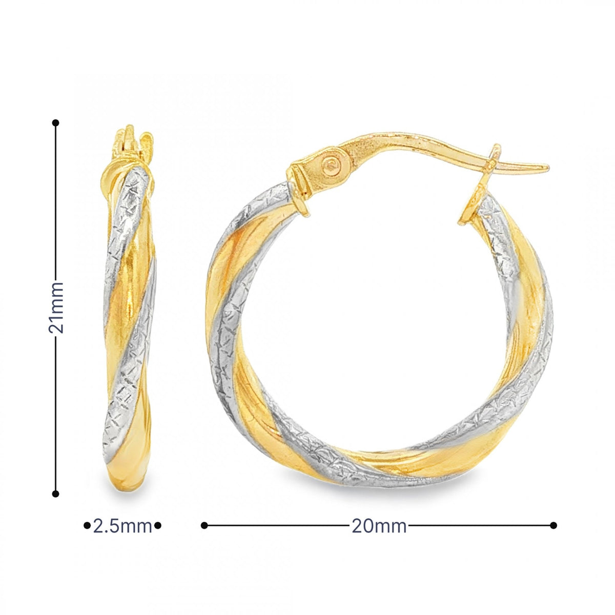 9ct Yellow & White Gold Double Twist Hoop Earrings - 2.5x21x20mm