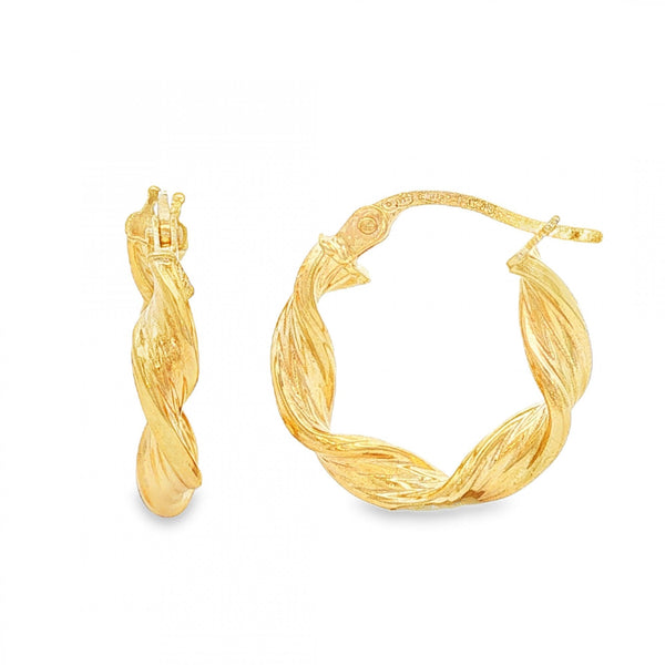 9ct Yellow Gold Twist Ribbon Hoop Earrings - 3.5x7x7mm - 1.3g