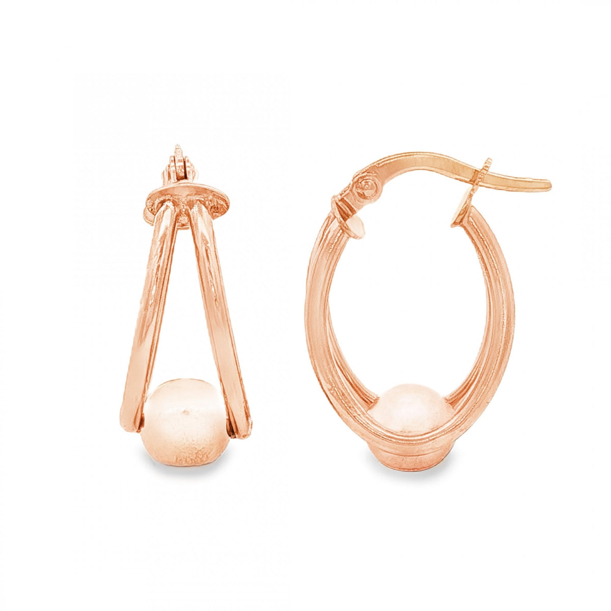 9ct Rose Gold Oval Split Hoop Ball Earrings - 9x21x13mm - 1.3g