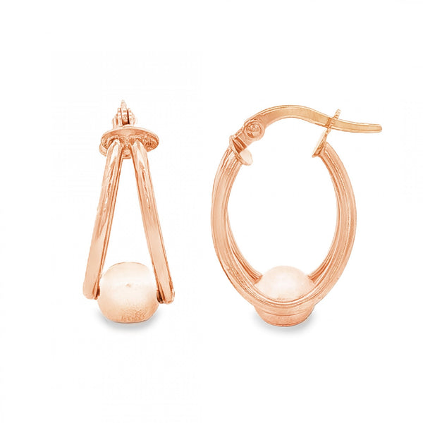 9ct Rose Gold Oval Split Hoop Ball Earrings - 9x21x13mm - 1.3g