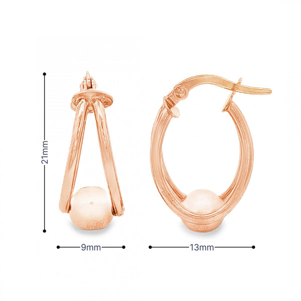 9ct Rose Gold Oval Split Hoop Ball Earrings - 9x21x13mm - 1.3g