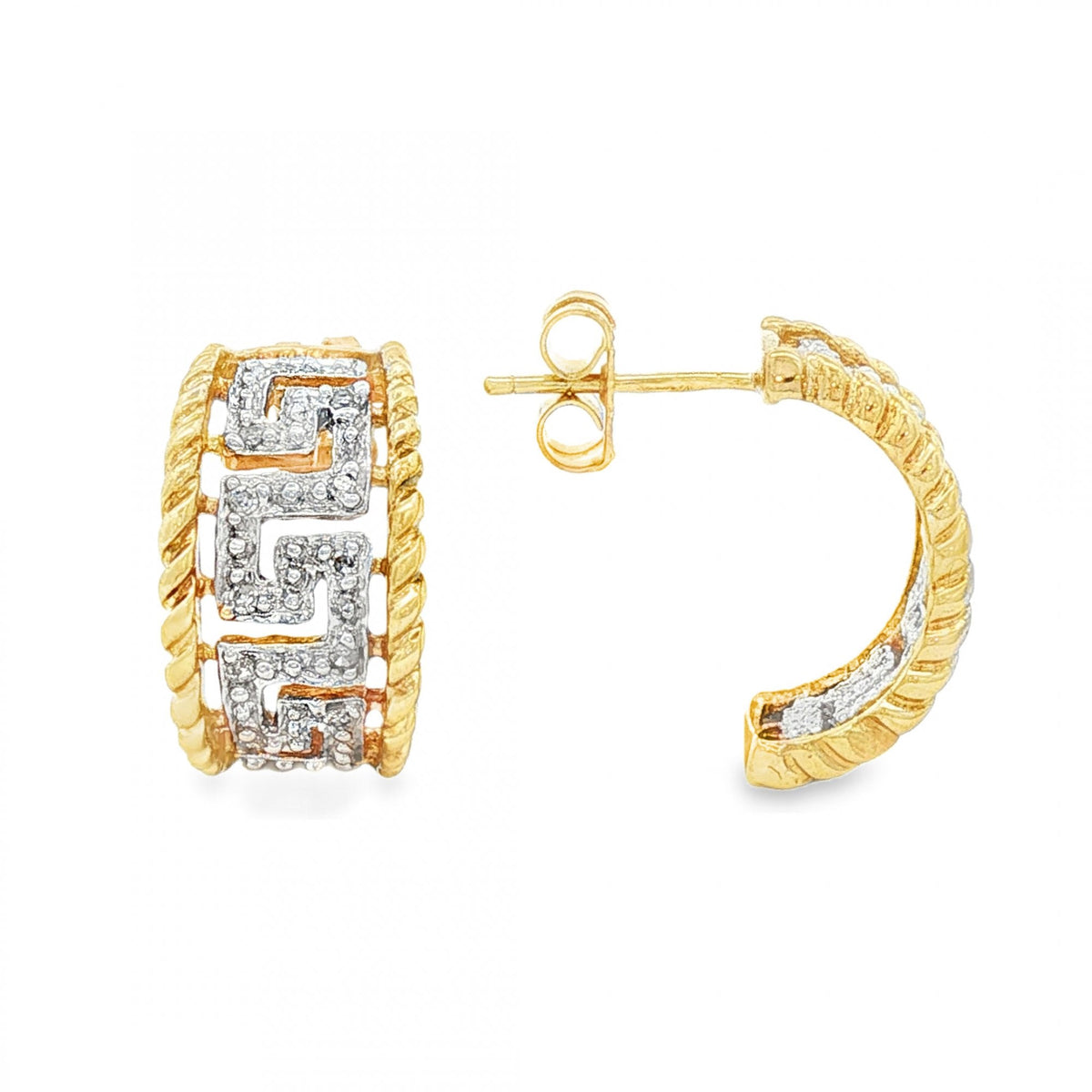9ct Yellow & White Gold Diamond Greek Key Studs - 9x16x8mm -3.7g