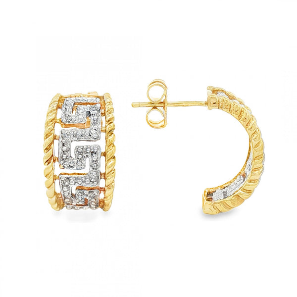 9ct Yellow & White Gold Diamond Greek Key Studs - 9x16x8mm -3.7g