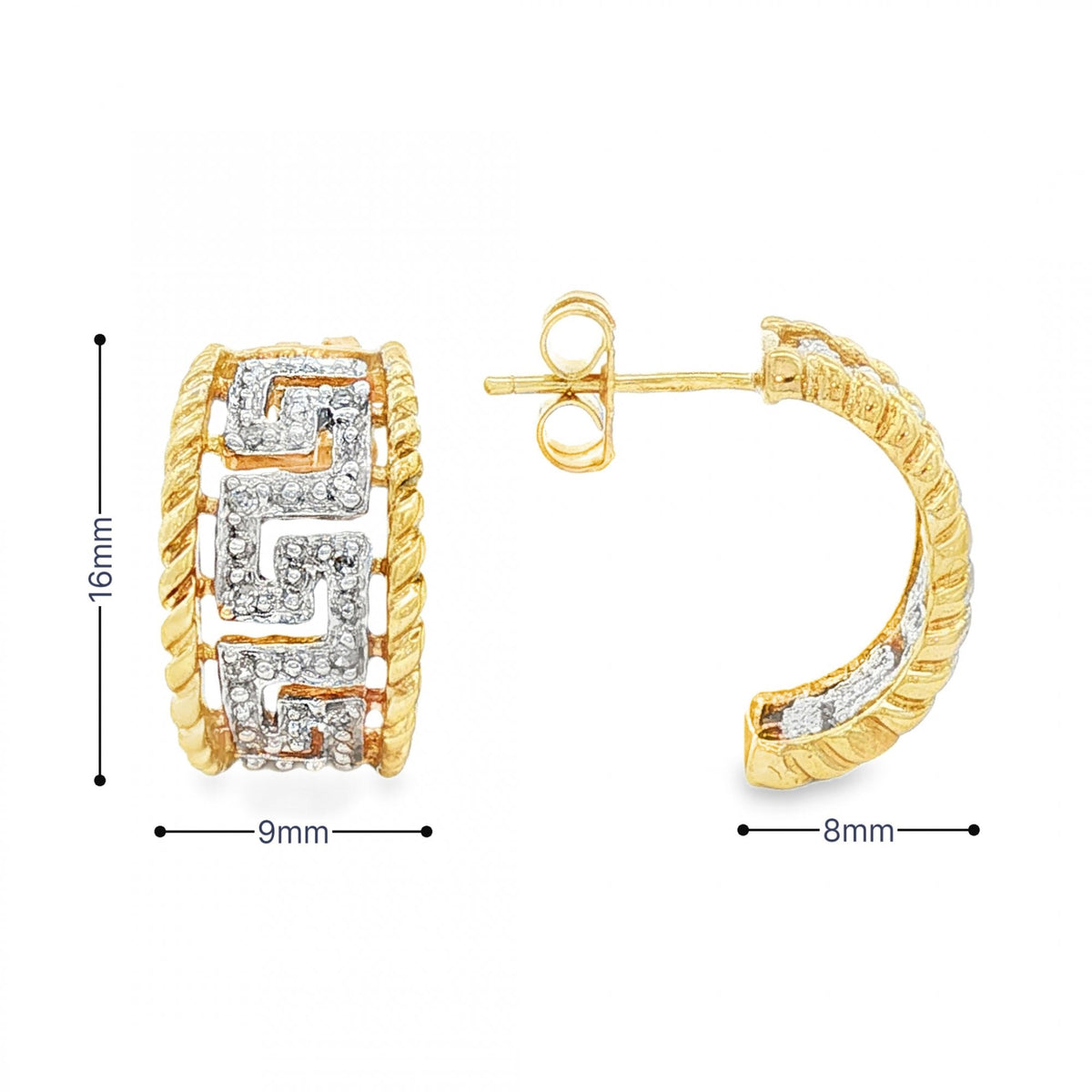 9ct Yellow & White Gold Diamond Greek Key Studs - 9x16x8mm -3.7g
