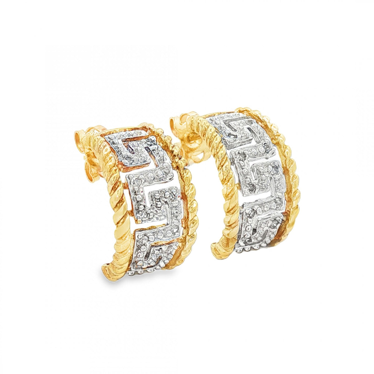 9ct Yellow & White Gold Diamond Greek Key Studs - 9x16x8mm -3.7g
