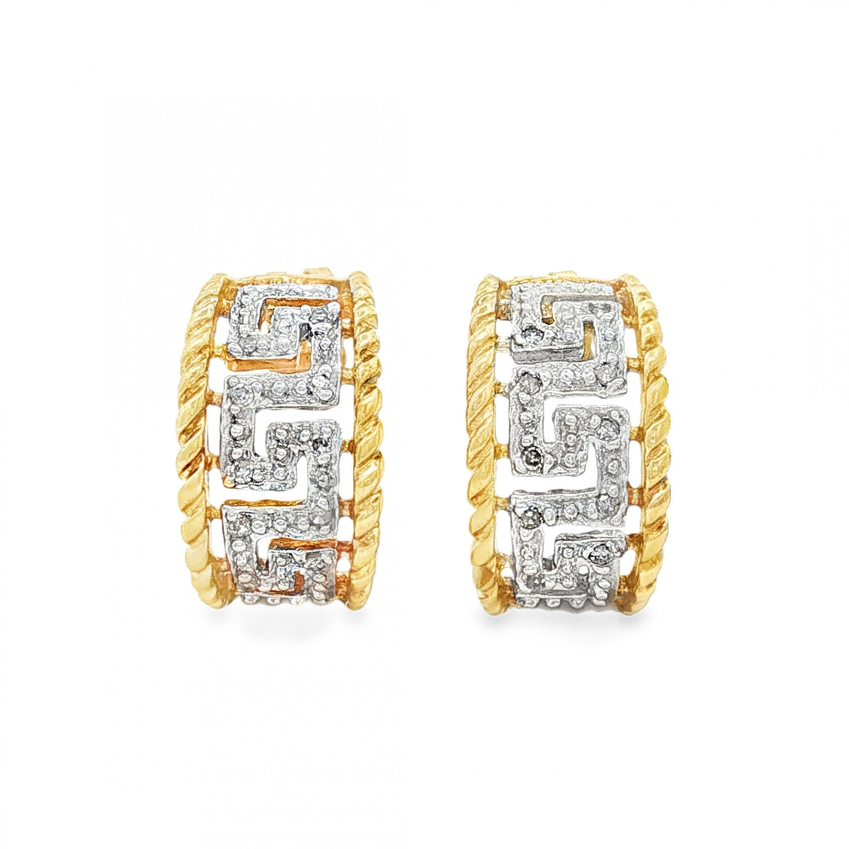 9ct Yellow & White Gold Diamond Greek Key Studs - 9x16x8mm -3.7g