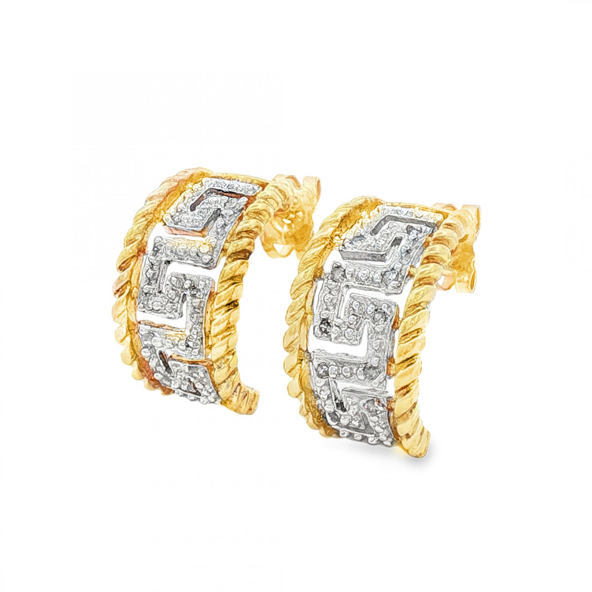 9ct Yellow & White Gold Diamond Greek Key Studs - 9x16x8mm -3.7g