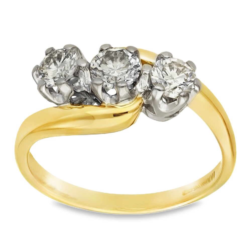18ct Yellow Gold Diamond Trilogy Twist Ring - Size P - 1.00ct